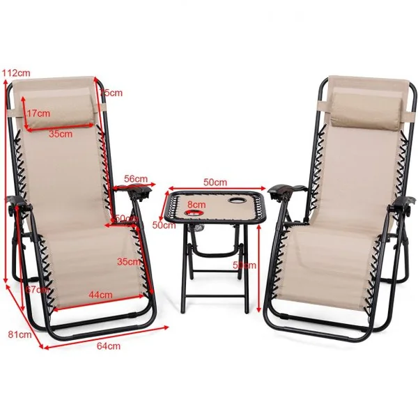 Lot de 2 Chaises Longue Pliantes avec Table Dossier Inclinable Capacité 120 Kg et Table 20 Kg en Acier et Tissu Beige