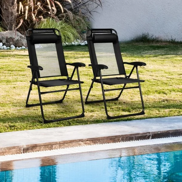 Lot de 2 Chaises Longues Pliante en Tissu Oxford avec Appuie-Tête Chaise de Jardin Inclinable Réglables sur 7 Positions Gris/Noir