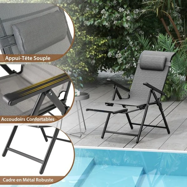 Lot de 2 Chaises Longues Pliantes et Inclinables Dossiers et Accoudoirs Réglables à 10 Niveaux Repose-Pied Rétractable Capacité 150 Kg Gris