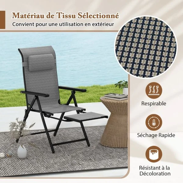 Lot de 2 Chaises Longues Pliantes et Inclinables Dossiers et Accoudoirs Réglables à 10 Niveaux Repose-Pied Rétractable Capacité 150 Kg Gris