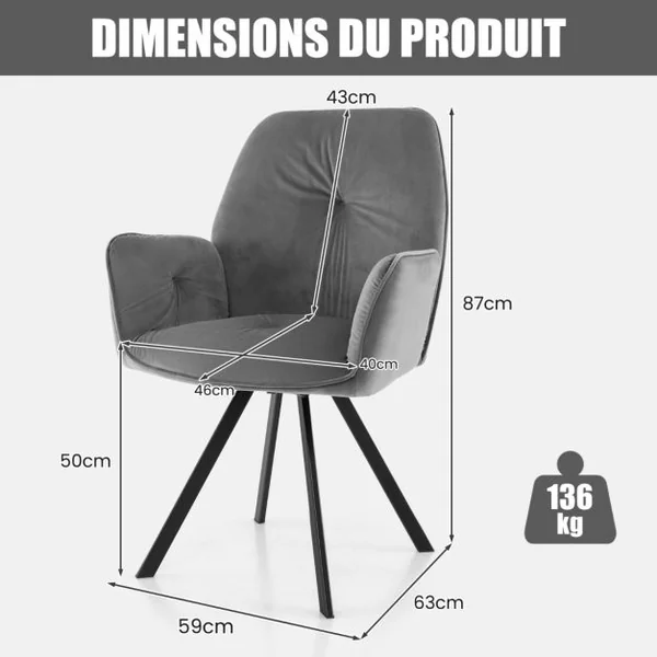 Lot De 2 Chaises Pivotantes en Velours Fauteuils Modernes En Velours Pieds En Métal Patin Antidérapants 63x59x87cm Gris