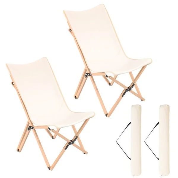 Lot de 2 Chaises Pliante de Jardin Extérieur Chaise Camping Portable Bambou avec Sac de Transport Chaise Charge 150 KG Beige