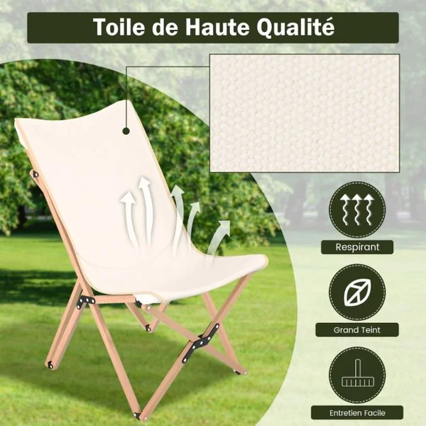 Lot de 2 Chaises Pliante de Jardin Extérieur Chaise Camping Portable Bambou avec Sac de Transport Chaise Charge 150 KG Beige