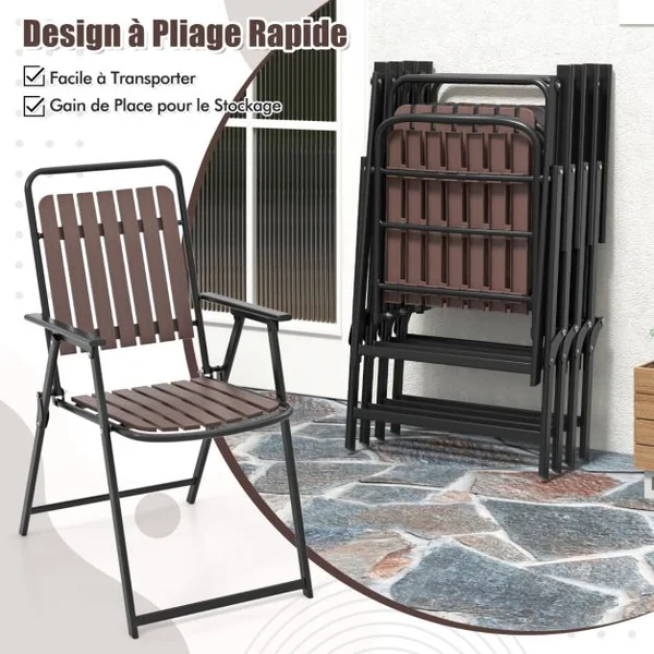 Lot de 2 Chaises Pliantes d'Extérieur Chaises Légères Siège et Dossier en Polypropylène Cadre En Métal Capacité 180 Kg Chaises à Lattes Café