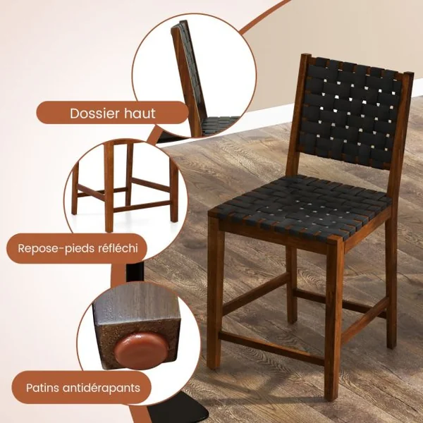 Lot de 2 Chaises Salle à Manger en Bois Massif Dossier Tissés de Sangles en Simili Cuir Hauteur d'Assise 61cm Noir