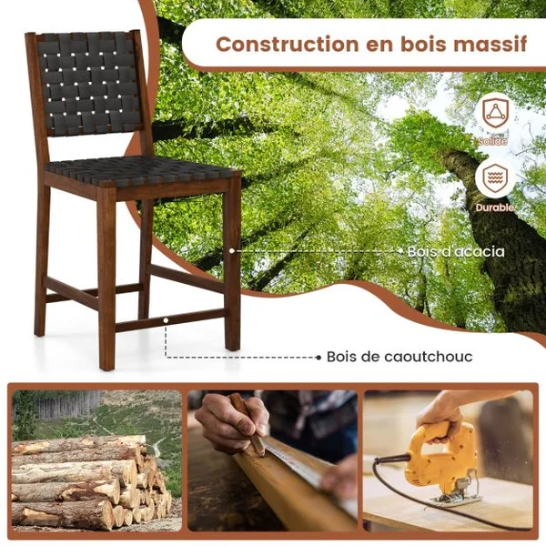 Lot de 2 Chaises Salle à Manger en Bois Massif Dossier Tissés de Sangles en Simili Cuir Hauteur d'Assise 61cm Noir
