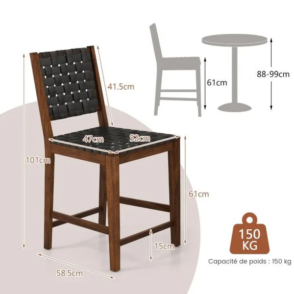Lot de 2 Chaises Salle à Manger en Bois Massif Dossier Tissés de Sangles en Simili Cuir Hauteur d'Assise 61cm Noir