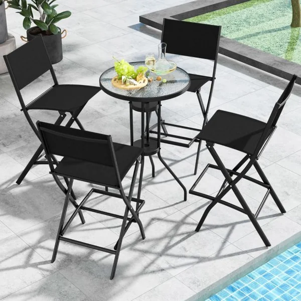 Lot de 2 Chaises Tabourets de Bar en Textilène Conception Pliable Patins Antidérapants Repose pieds Charge 150KG Café/Bleu/Noir