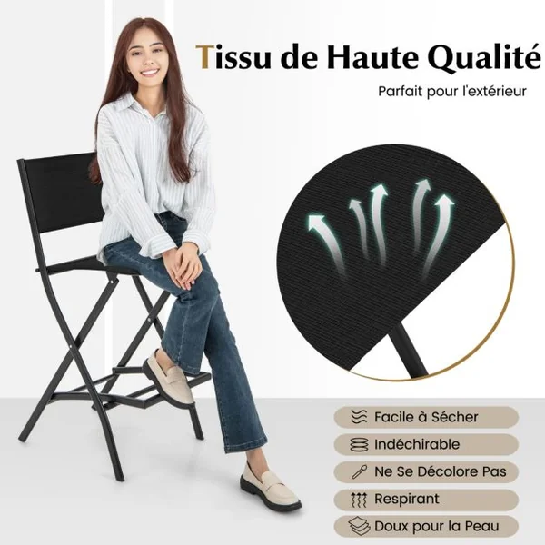Lot de 2 Chaises Tabourets de Bar en Textilène Conception Pliable Patins Antidérapants Repose pieds Charge 150KG Café/Bleu/Noir