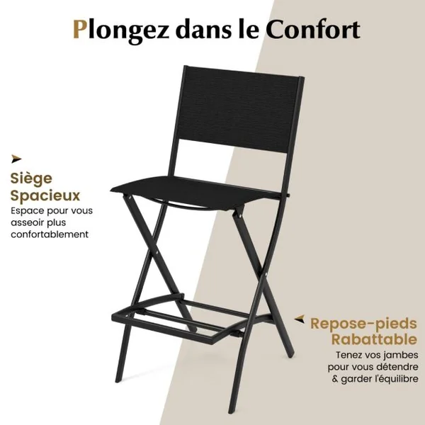 Lot de 2 Chaises Tabourets de Bar en Textilène Conception Pliable Patins Antidérapants Repose pieds Charge 150KG Café/Bleu/Noir
