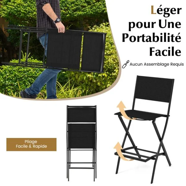 Lot de 2 Chaises Tabourets de Bar en Textilène Conception Pliable Patins Antidérapants Repose pieds Charge 150KG Café/Bleu/Noir