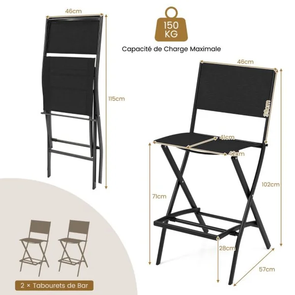 Lot de 2 Chaises Tabourets de Bar en Textilène Conception Pliable Patins Antidérapants Repose pieds Charge 150KG Café/Bleu/Noir