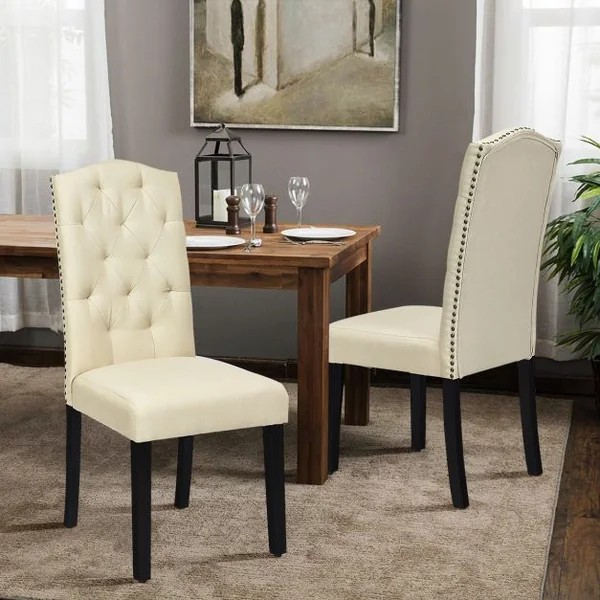 Lot de 2 Chaises Tissu en Lin Respirante Dossier Incurvé Ergonomique Pieds en Bois d’Hévéa Robustes