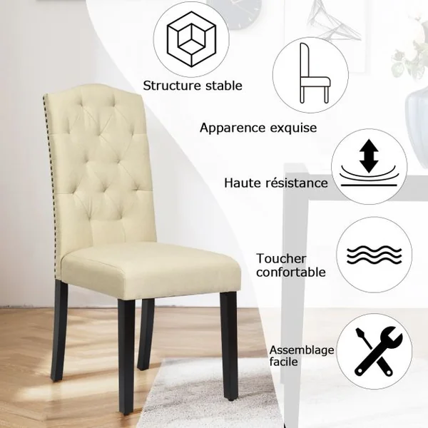 Lot de 2 Chaises Tissu en Lin Respirante Dossier Incurvé Ergonomique Pieds en Bois d’Hévéa Robustes