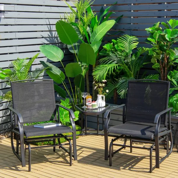 Lot de 2 Chaises à Bascule et Table Basse en Verre avec Trou pour Parasol Acier&Tissu Charge 150 kg 195x86x91,5cm Noir