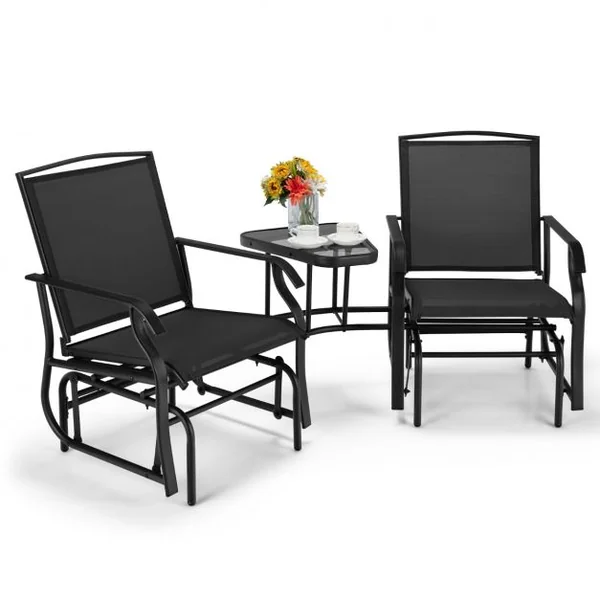 Lot de 2 Chaises à Bascule et Table Basse en Verre avec Trou pour Parasol Acier&Tissu Charge 150 kg 195x86x91,5cm Noir