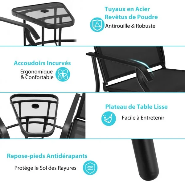 Lot de 2 Chaises à Bascule et Table Basse en Verre avec Trou pour Parasol Acier&Tissu Charge 150 kg 195x86x91,5cm Noir