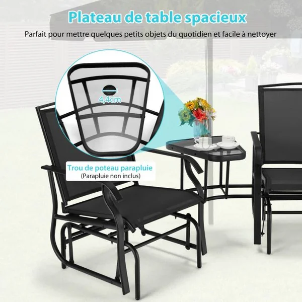 Lot de 2 Chaises à Bascule et Table Basse en Verre avec Trou pour Parasol Acier&Tissu Charge 150 kg 195x86x91,5cm Noir