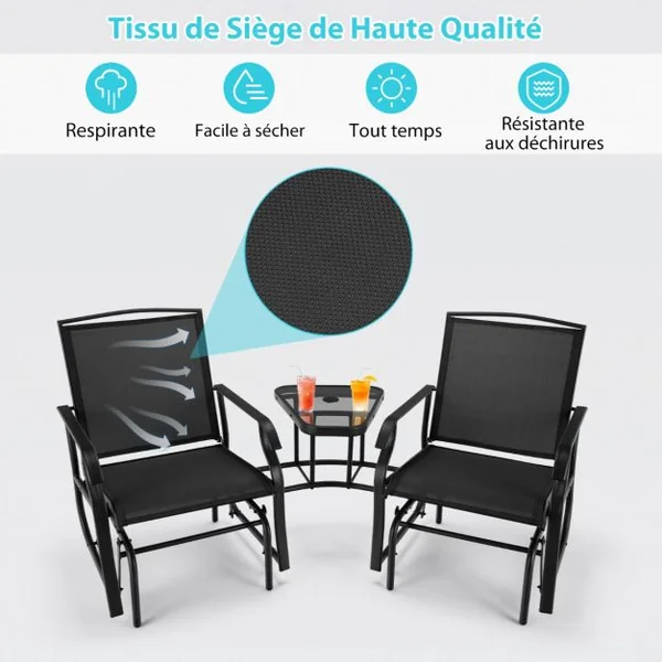 Lot de 2 Chaises à Bascule et Table Basse en Verre avec Trou pour Parasol Acier&Tissu Charge 150 kg 195x86x91,5cm Noir