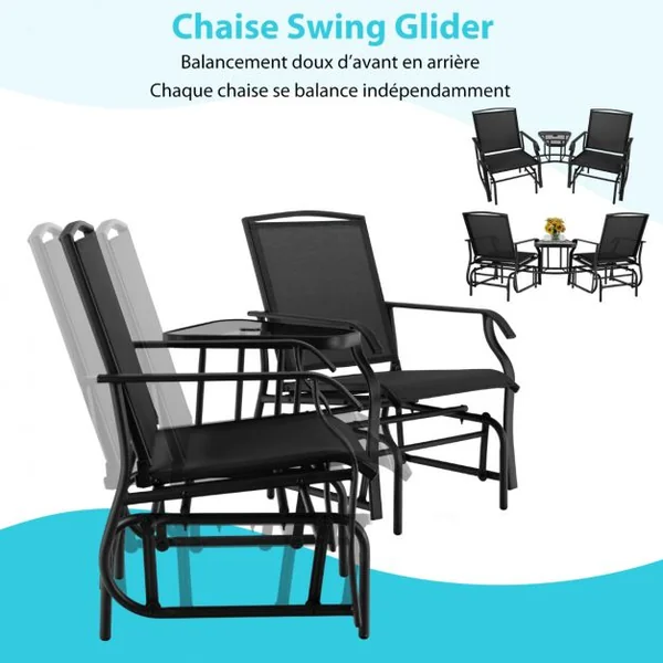 Lot de 2 Chaises à Bascule et Table Basse en Verre avec Trou pour Parasol Acier&Tissu Charge 150 kg 195x86x91,5cm Noir