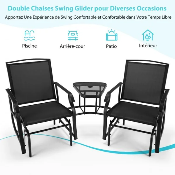 Lot de 2 Chaises à Bascule et Table Basse en Verre avec Trou pour Parasol Acier&Tissu Charge 150 kg 195x86x91,5cm Noir