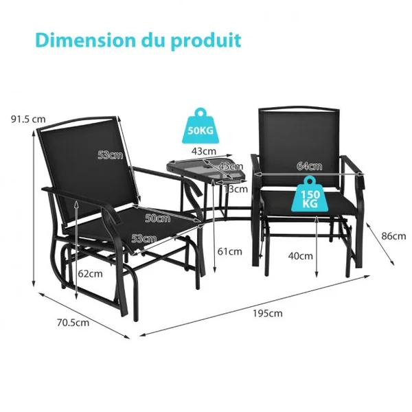 Lot de 2 Chaises à Bascule et Table Basse en Verre avec Trou pour Parasol Acier&Tissu Charge 150 kg 195x86x91,5cm Noir