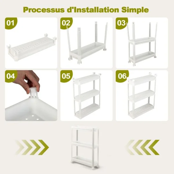Lot de 2 Chariots de Rangement Service à Roulettes 3 Niveaux 53x17,5x70 CM Desserte Cuisine Compacte avec Trous de Drainage