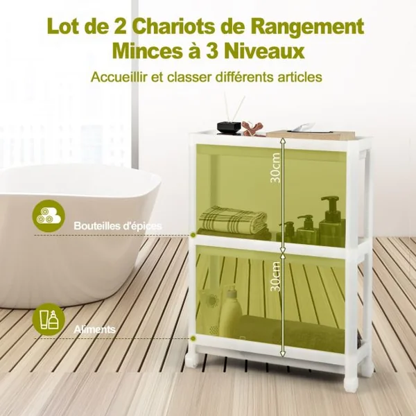 Lot de 2 Chariots de Rangement Service à Roulettes 3 Niveaux 53x17,5x70 CM Desserte Cuisine Compacte avec Trous de Drainage