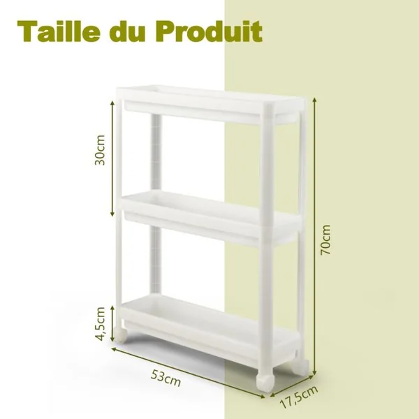 Lot de 2 Chariots de Rangement Service à Roulettes 3 Niveaux 53x17,5x70 CM Desserte Cuisine Compacte avec Trous de Drainage