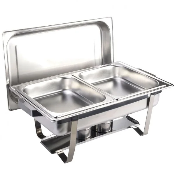 Lot de 2 chauffe-plats en acier inoxydable Plat-réchaud avec couvercle et accessoires, Capacité 9 L x 2, 60 x 35 x 32 cm