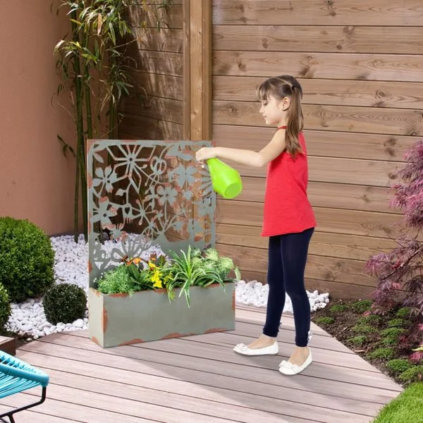 Lot de 2 Jardinières Murales avec Treillis en Métal Bac à Fleurs Décoratives pour Plante Grimpante 60x17x80 cm Rouille