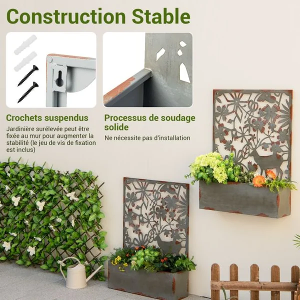 Lot de 2 Jardinières Murales avec Treillis en Métal Bac à Fleurs Décoratives pour Plante Grimpante 60x17x80 cm Rouille