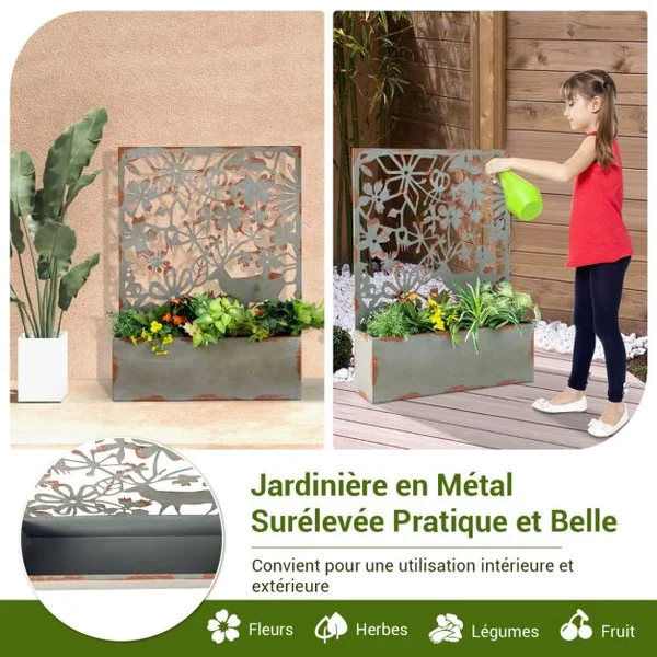 Lot de 2 Jardinières Murales avec Treillis en Métal Bac à Fleurs Décoratives pour Plante Grimpante 60x17x80 cm Rouille