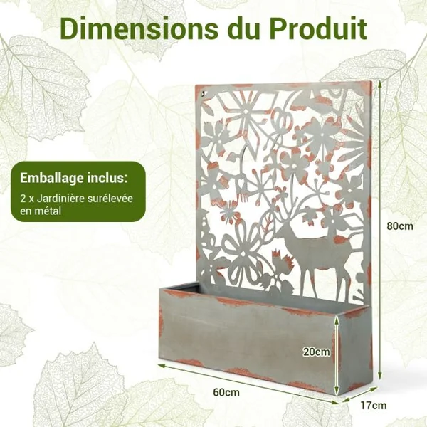 Lot de 2 Jardinières Murales avec Treillis en Métal Bac à Fleurs Décoratives pour Plante Grimpante 60x17x80 cm Rouille