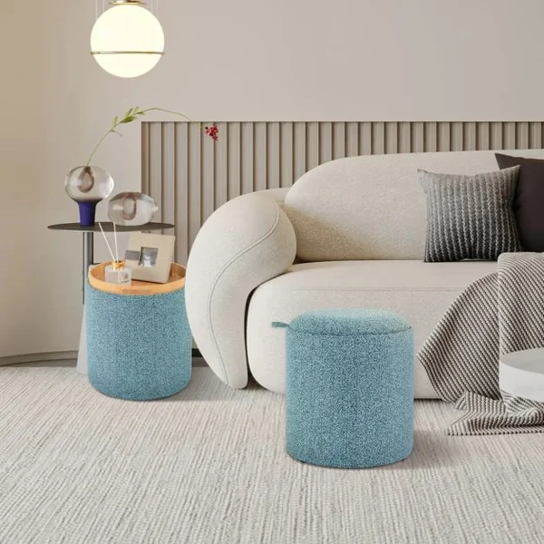 Lot de 2 Ottomans Ronds Rembourrés avec Plateau Réversible et Rangement Caché 2 Tailles Différentes et Emboîtables Repose-pieds Bleu