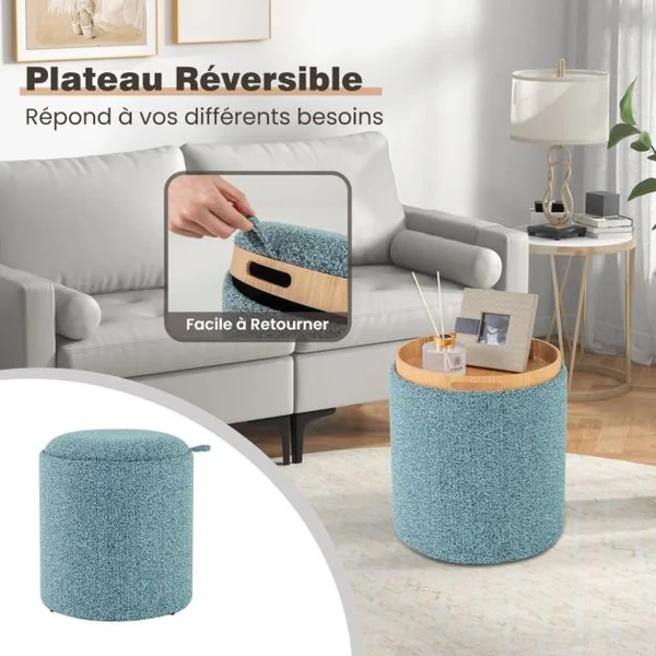 Lot de 2 Ottomans Ronds Rembourrés avec Plateau Réversible et Rangement Caché 2 Tailles Différentes et Emboîtables Repose-pieds Bleu