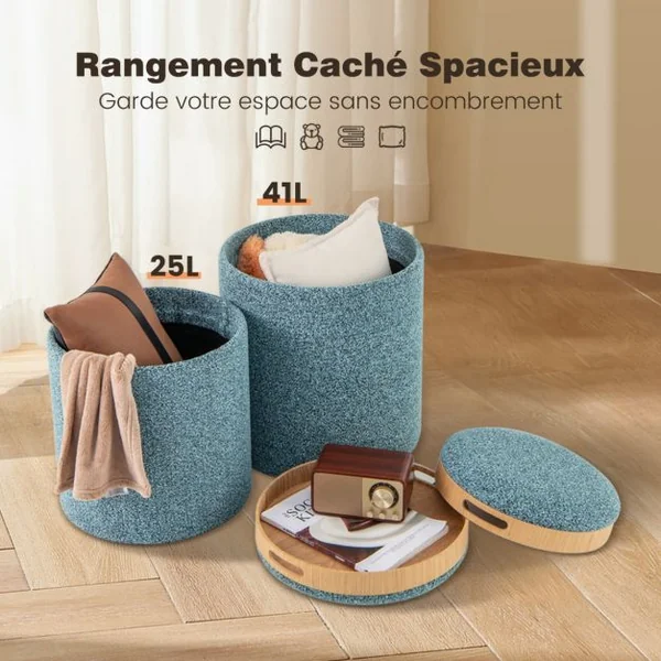 Lot de 2 Ottomans Ronds Rembourrés avec Plateau Réversible et Rangement Caché 2 Tailles Différentes et Emboîtables Repose-pieds Bleu