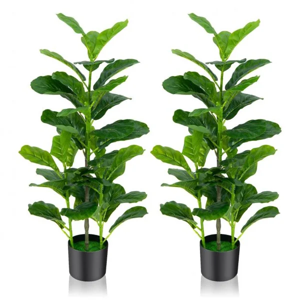 Lot de 2 Plante Artificiel Figuier 100cm Feuillage Luxuriant Ficus Lyrata Décoration Intérieure Extérieure Pot Inclus