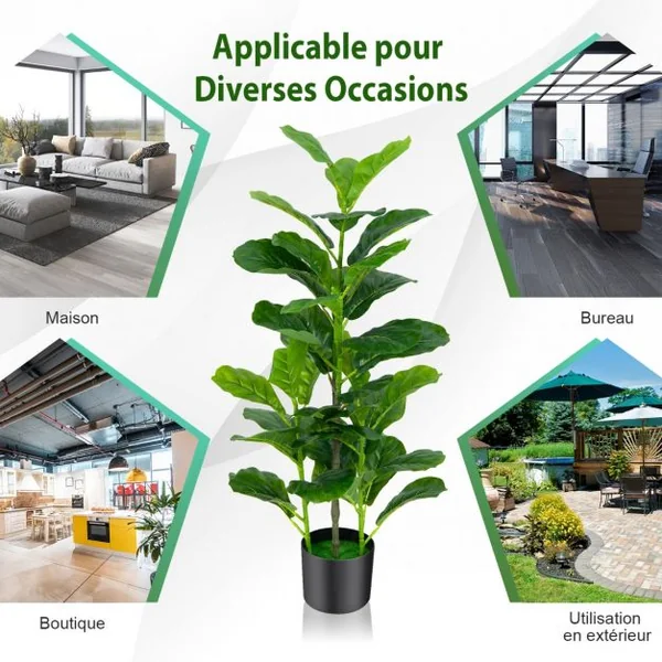 Lot de 2 Plante Artificiel Figuier 100cm Feuillage Luxuriant Ficus Lyrata Décoration Intérieure Extérieure Pot Inclus