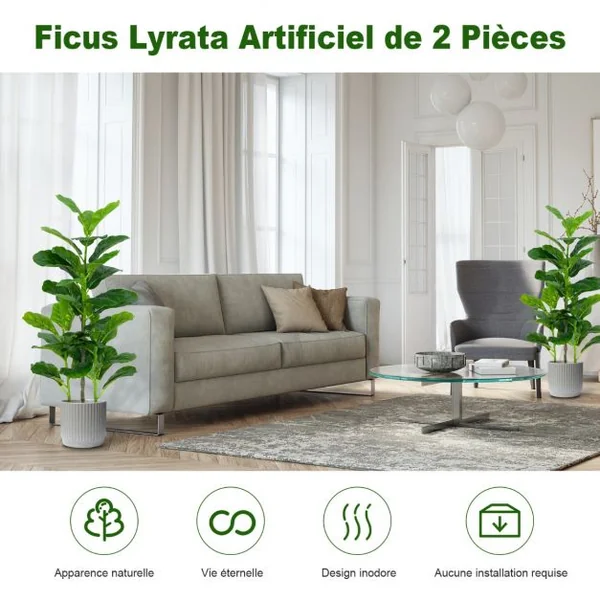 Lot de 2 Plante Artificiel Figuier 100cm Feuillage Luxuriant Ficus Lyrata Décoration Intérieure Extérieure Pot Inclus
