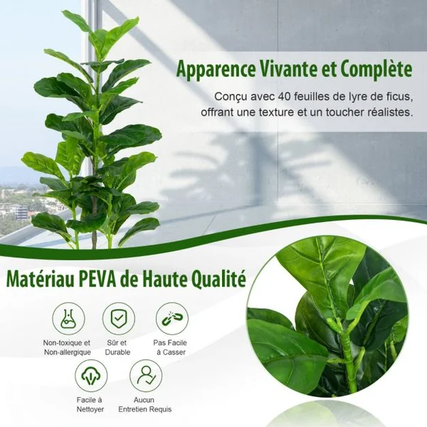 Lot de 2 Plante Artificiel Figuier 100cm Feuillage Luxuriant Ficus Lyrata Décoration Intérieure Extérieure Pot Inclus