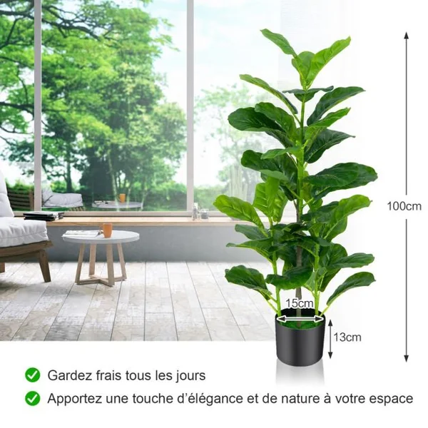 Lot de 2 Plante Artificiel Figuier 100cm Feuillage Luxuriant Ficus Lyrata Décoration Intérieure Extérieure Pot Inclus