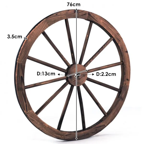Lot de 2 Roues de Décoration Vintage Ornement de Jardin Bistrot et Cave en Bois Grain Fin et Fer, 76x76x3,5cm, Marron