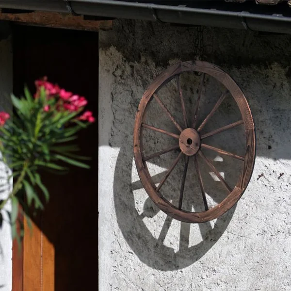 Lot de 2 Roues de Décoration Vintage Ornement de Jardin Bistrot et Cave en Bois Grain Fin et Fer, 76x76x3,5cm, Marron