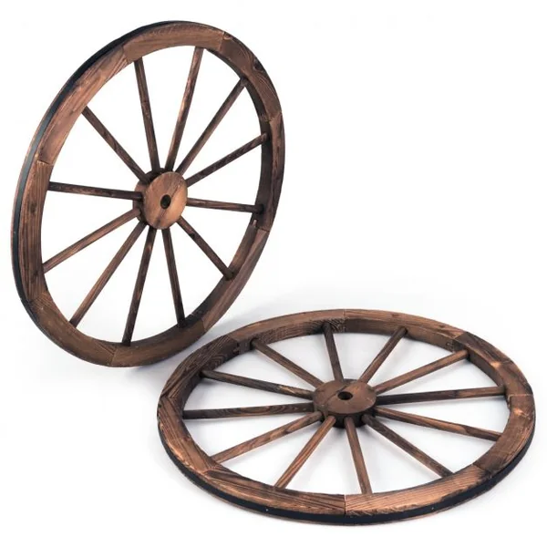 Lot de 2 Roues de Décoration Vintage Ornement de Jardin Bistrot et Cave en Bois Grain Fin et Fer, 76x76x3,5cm, Marron