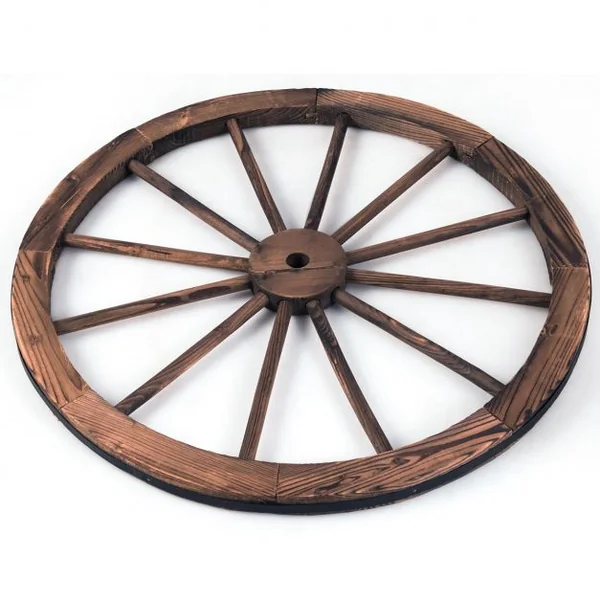 Lot de 2 Roues de Décoration Vintage Ornement de Jardin Bistrot et Cave en Bois Grain Fin et Fer, 76x76x3,5cm, Marron