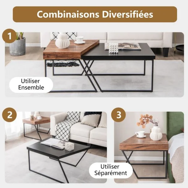 Lot de 2 Tables Basses Gigognes avec Cadre Métal, Tables d'Appoint Style Industriel avec 8 Pieds Antidérapants Réglables Noir+Marron