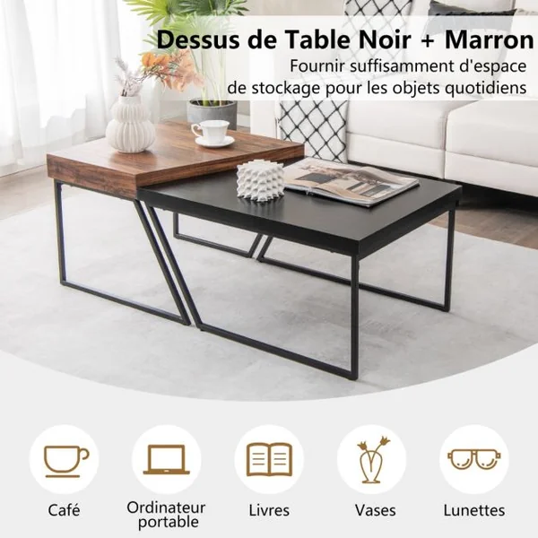 Lot de 2 Tables Basses Gigognes avec Cadre Métal, Tables d'Appoint Style Industriel avec 8 Pieds Antidérapants Réglables Noir+Marron