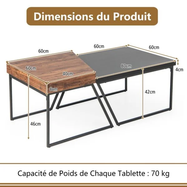 Lot de 2 Tables Basses Gigognes avec Cadre Métal, Tables d'Appoint Style Industriel avec 8 Pieds Antidérapants Réglables Noir+Marron