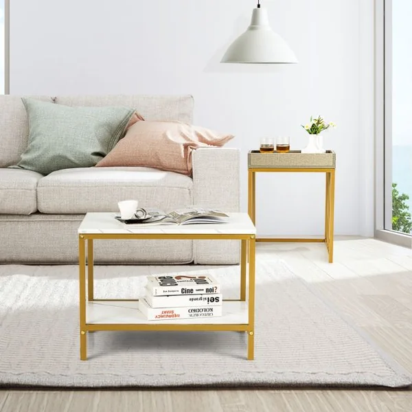 Lot de 2 Tables Basses Gigognes Effect Marbre Design Scandinave Tables D'appoint Empilable Gigognes
